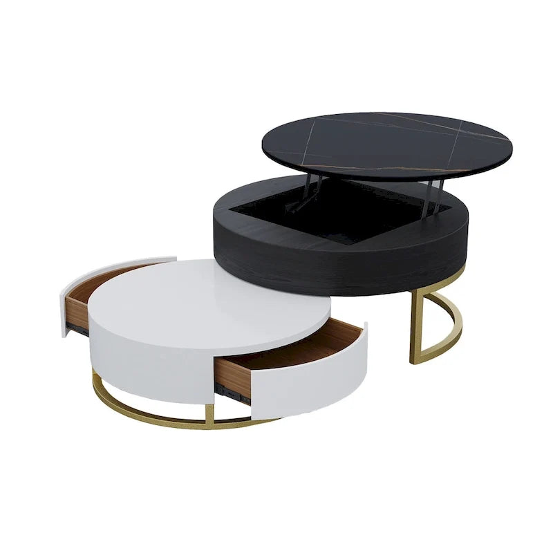 Lot de 2 tables basses rondes relevables avec rangement, 2 tiroirs en pin, plateau pivotant, design gigogne