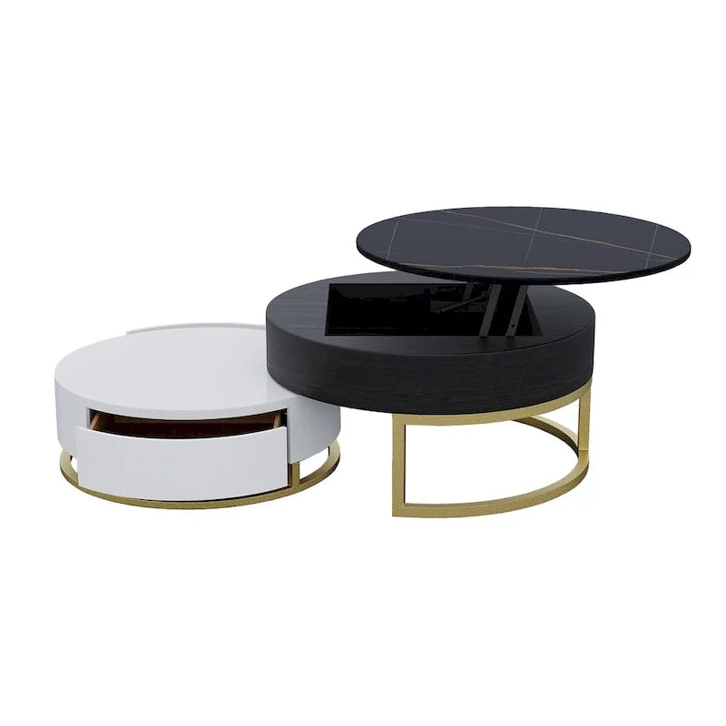 Lot de 2 tables basses rondes relevables avec rangement, 2 tiroirs en pin, plateau pivotant, design gigogne