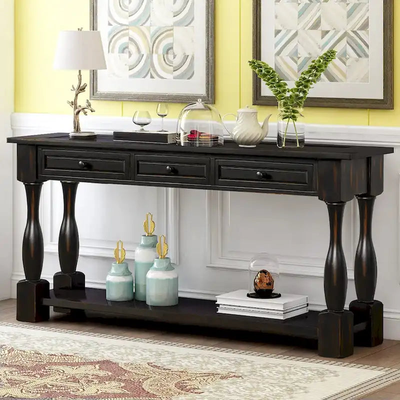 Console de 64 pouces avec tiroirs et étagère, noir vieilli et blanc antique