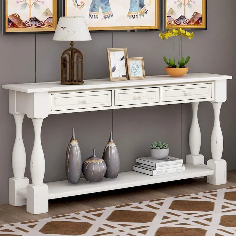 Console de 64 pouces avec tiroirs et étagère, noir vieilli et blanc antique