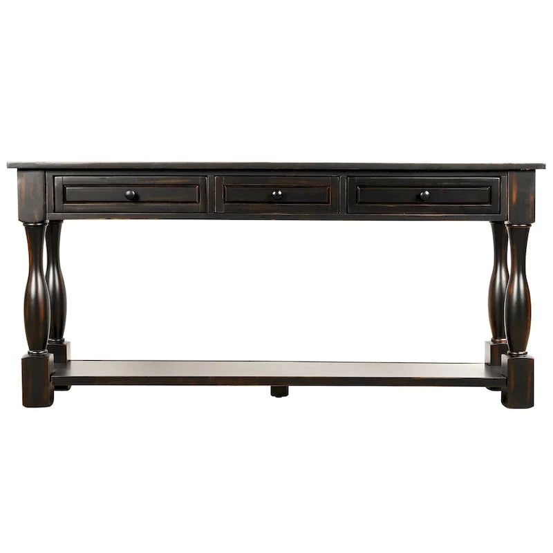 Console de 64 pouces avec tiroirs et étagère, noir vieilli et blanc antique