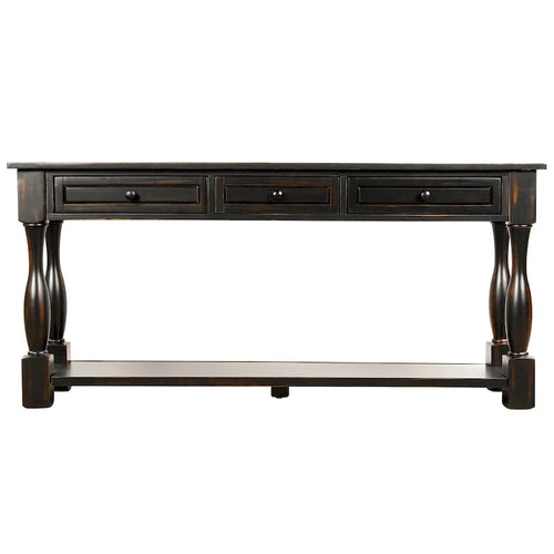 Console de 64 pouces avec tiroirs et étagère, noir vieilli et blanc antique