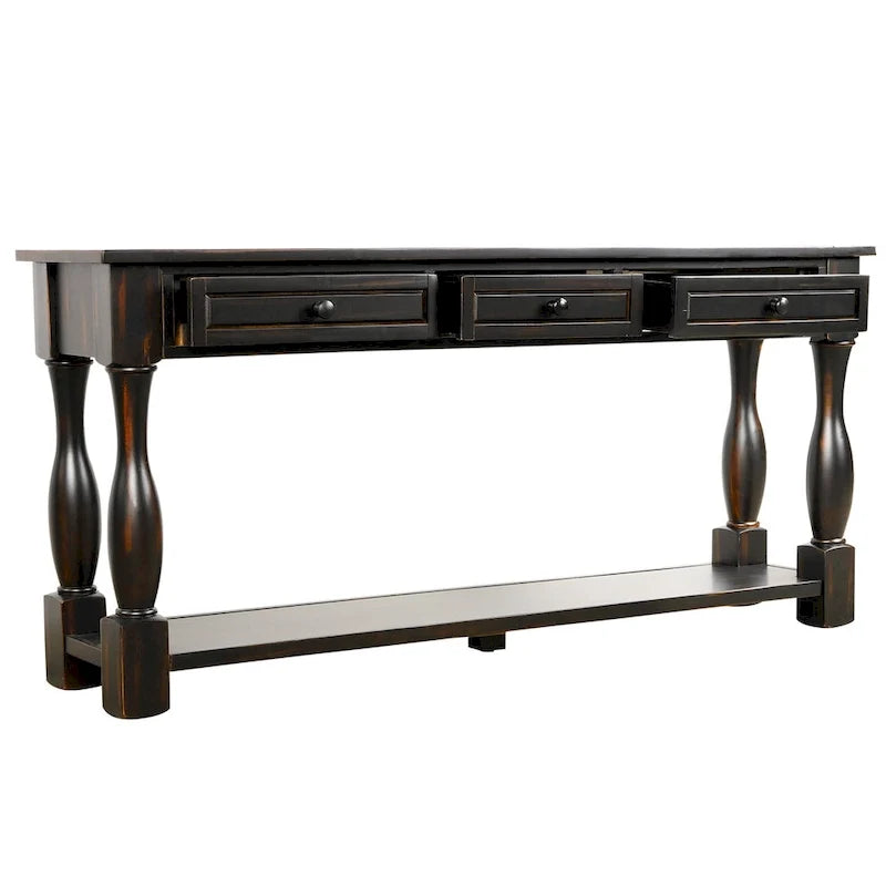 Console de 64 pouces avec tiroirs et étagère, noir vieilli et blanc antique