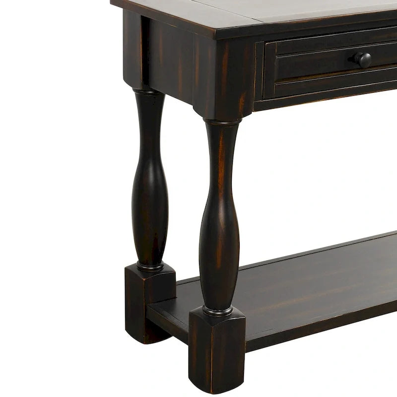 Console de 64 pouces avec tiroirs et étagère, noir vieilli et blanc antique
