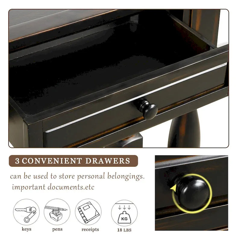 Console de 64 pouces avec tiroirs et étagère, noir vieilli et blanc antique