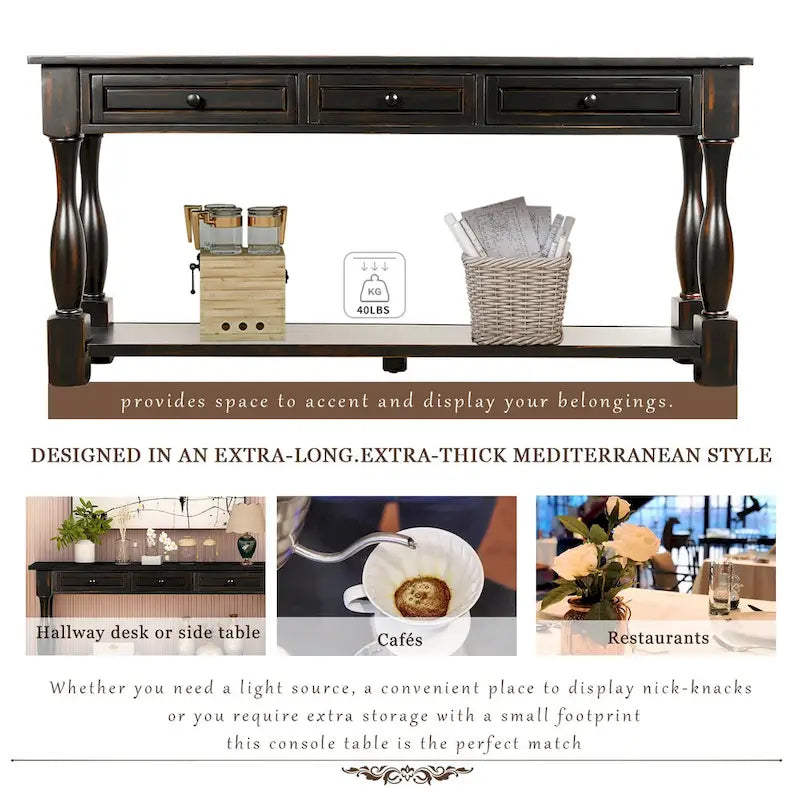 Console de 64 pouces avec tiroirs et étagère, noir vieilli et blanc antique