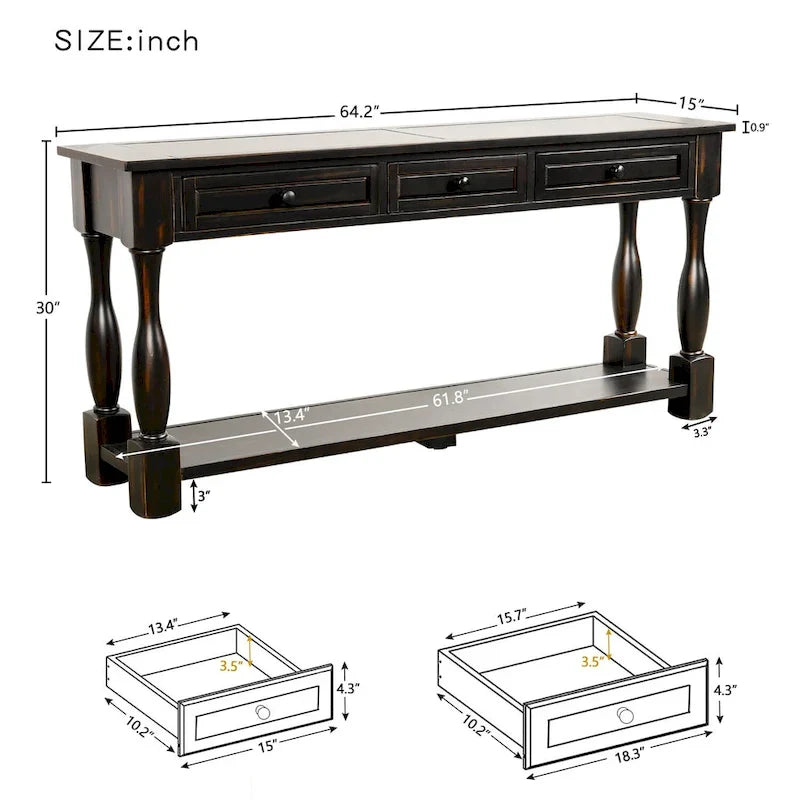 Console de 64 pouces avec tiroirs et étagère, noir vieilli et blanc antique