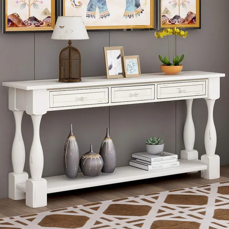 Console de 64 pouces avec tiroirs et étagère, noir vieilli et blanc antique