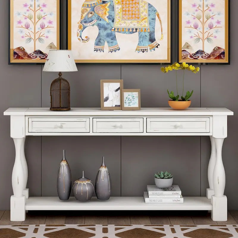 Console de 64 pouces avec tiroirs et étagère, noir vieilli et blanc antique