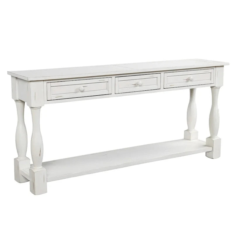 Console de 64 pouces avec tiroirs et étagère, noir vieilli et blanc antique