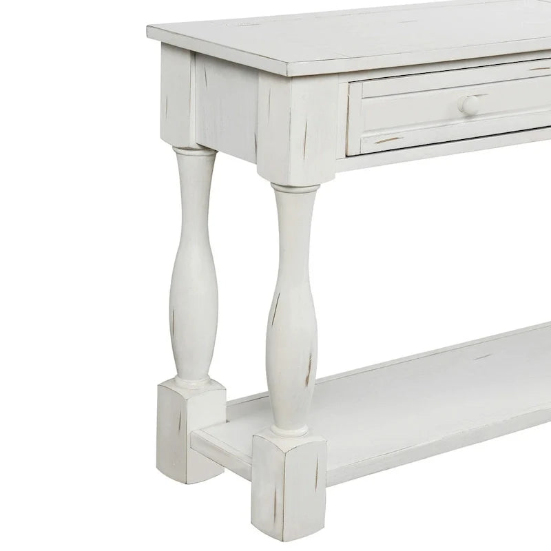 Console de 64 pouces avec tiroirs et étagère, noir vieilli et blanc antique