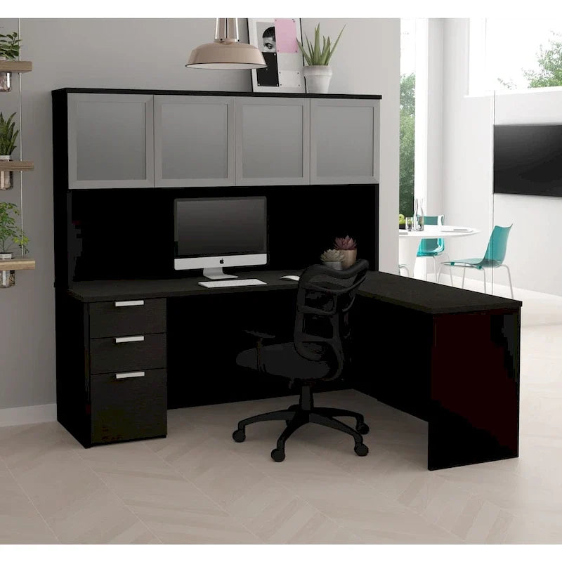 Bestar Pro-Concept Plus L-Desk with Frosted Glass Door Hutch