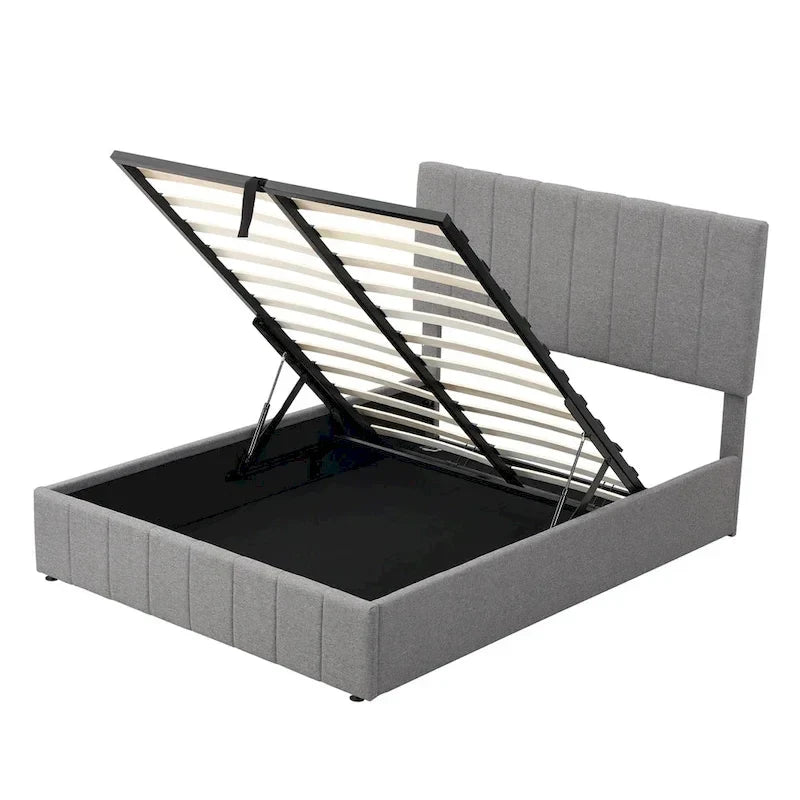 Lit plateforme rembourré avec système de rangement hydraulique -