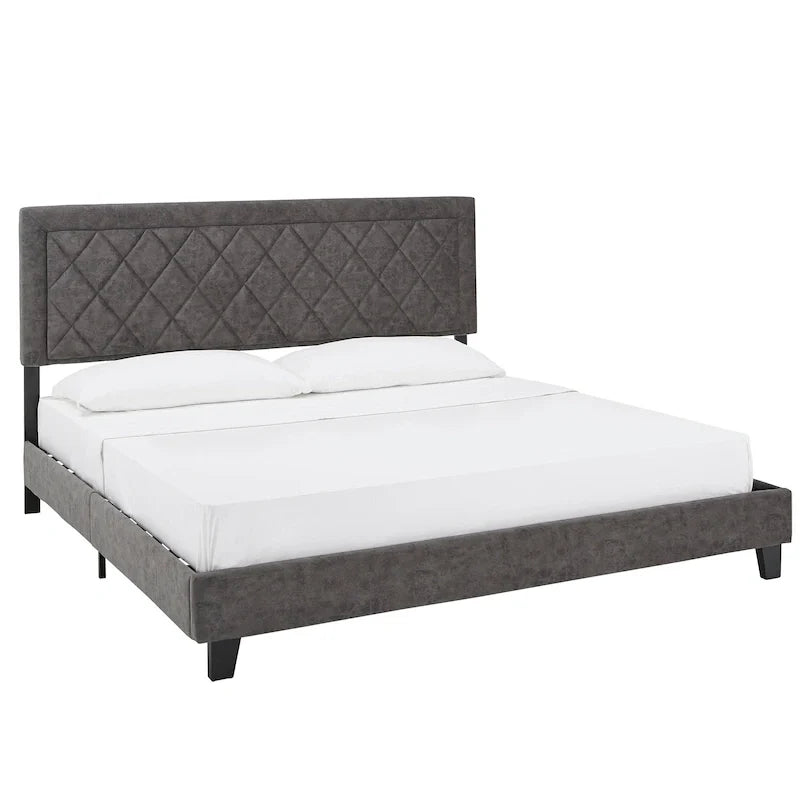 Lit plateforme rembourré en velours, King Queen Full, velours gris crème bleu foncé