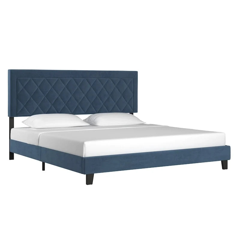 Lit plateforme rembourré en velours, King Queen Full, velours gris crème bleu foncé