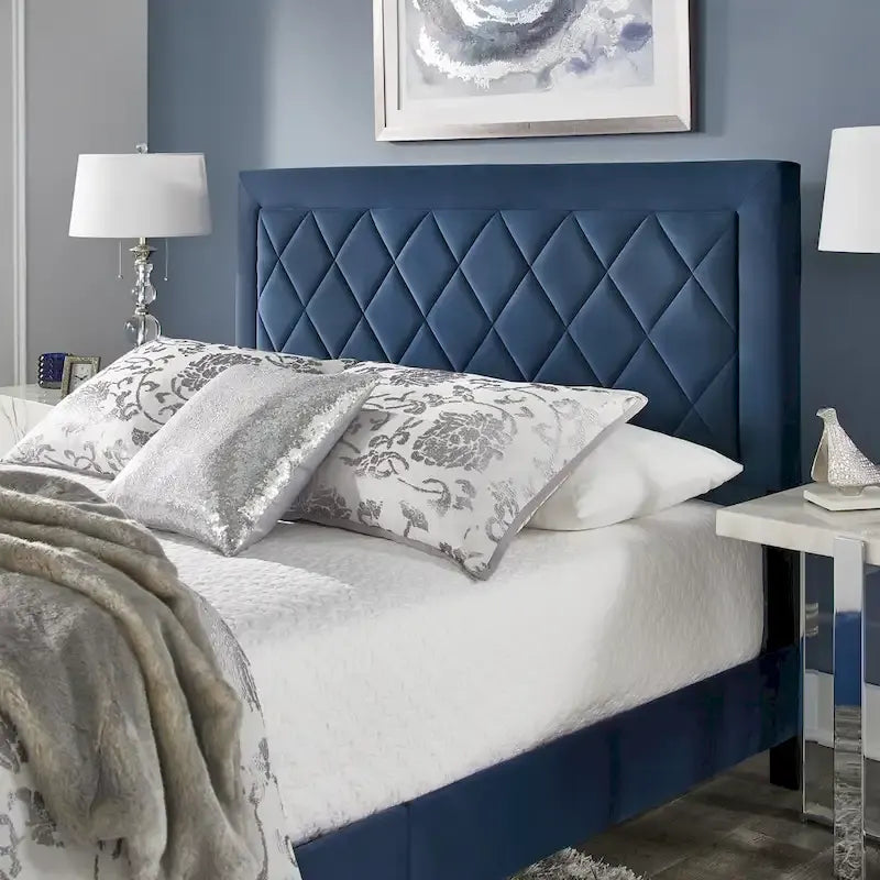Lit plateforme rembourré en velours, King Queen Full, velours gris crème bleu foncé