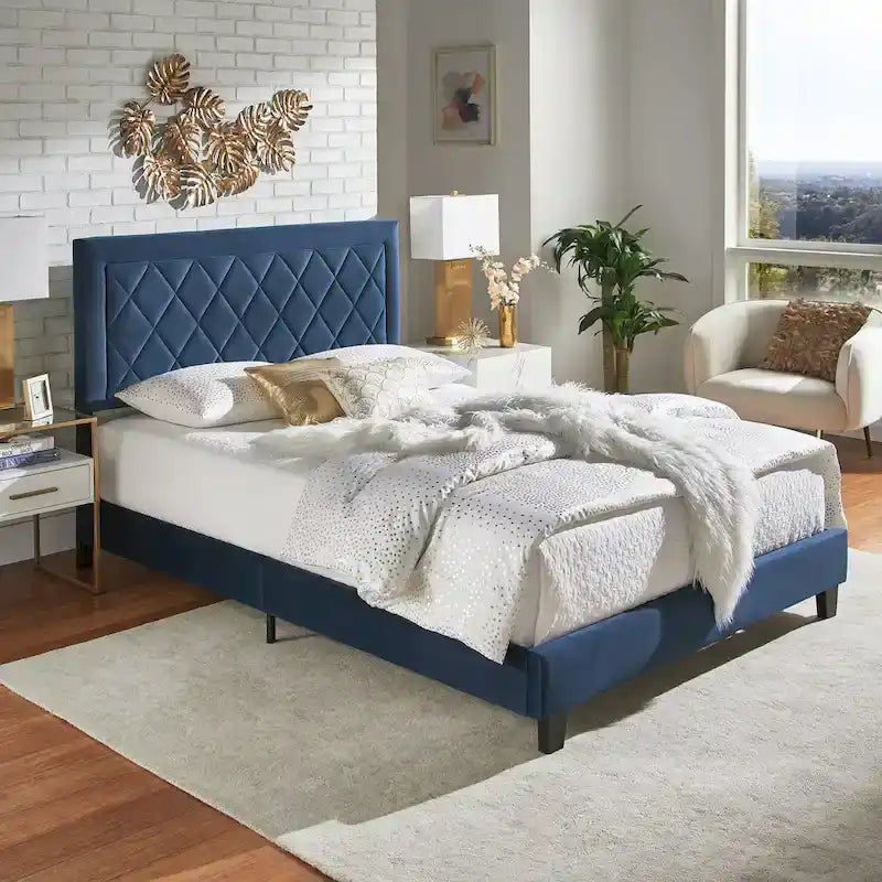 Lit plateforme rembourré en velours, King Queen Full, velours gris crème bleu foncé