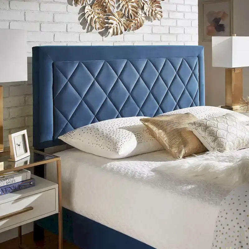 Lit plateforme rembourré en velours, King Queen Full, velours gris crème bleu foncé