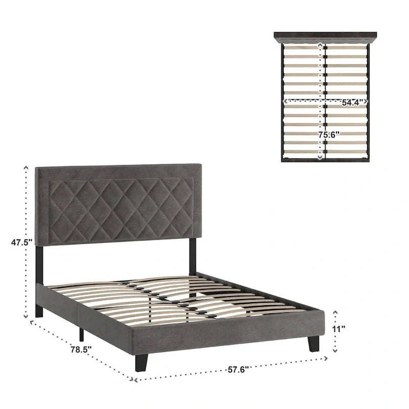 Lit plateforme rembourré en velours, King Queen Full, velours gris crème bleu foncé