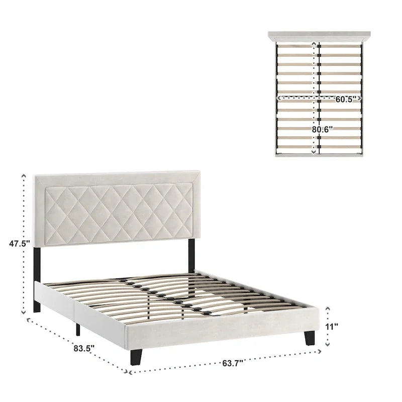 Lit plateforme rembourré en velours, King Queen Full, velours gris crème bleu foncé