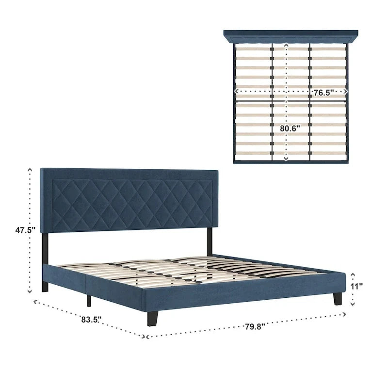 Lit plateforme rembourré en velours, King Queen Full, velours gris crème bleu foncé