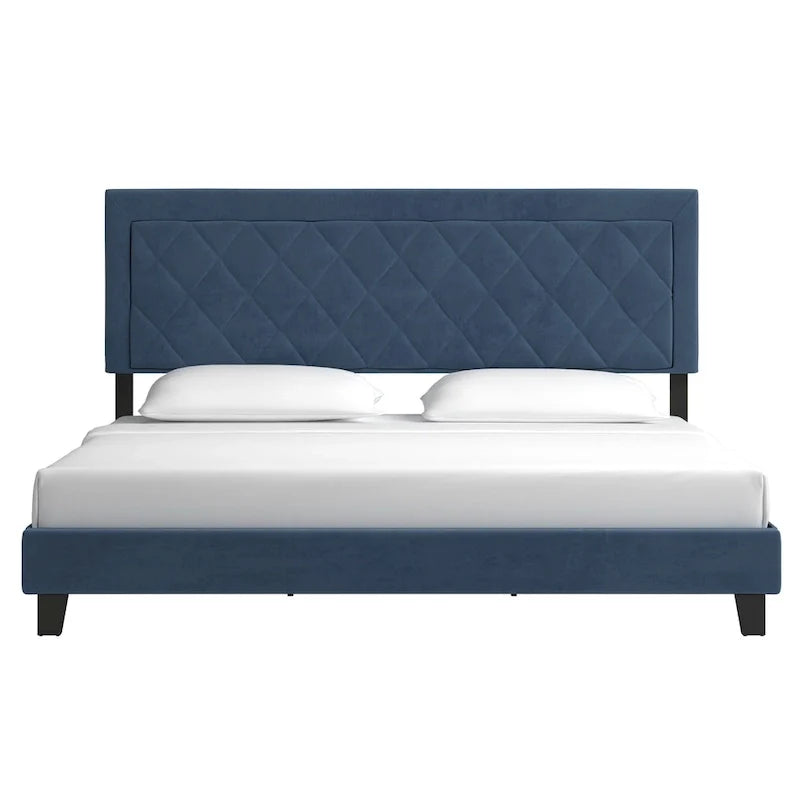Lit plateforme rembourré en velours, King Queen Full, velours gris crème bleu foncé