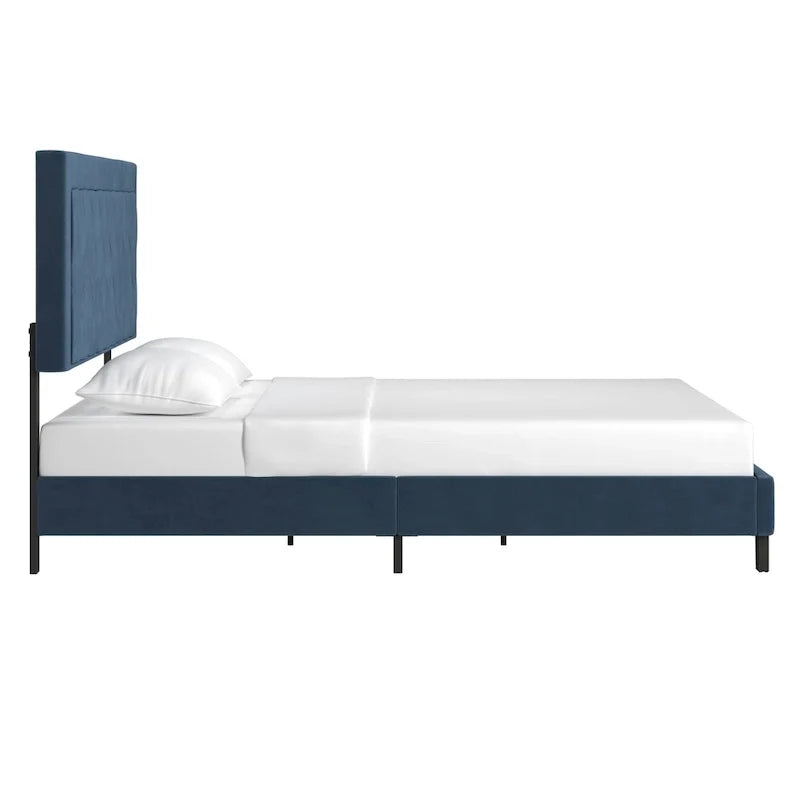 Lit plateforme rembourré en velours, King Queen Full, velours gris crème bleu foncé
