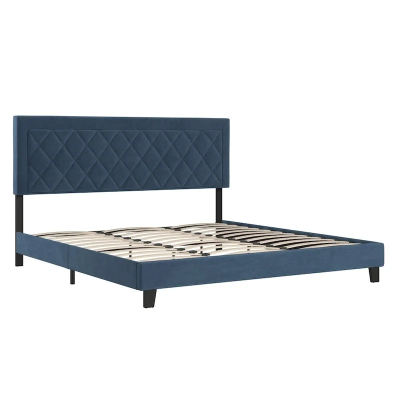 Lit plateforme rembourré en velours, King Queen Full, velours gris crème bleu foncé