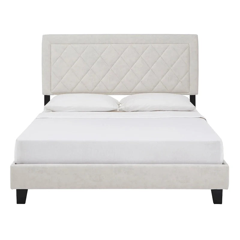 Lit plateforme rembourré en velours, King Queen Full, velours gris crème bleu foncé