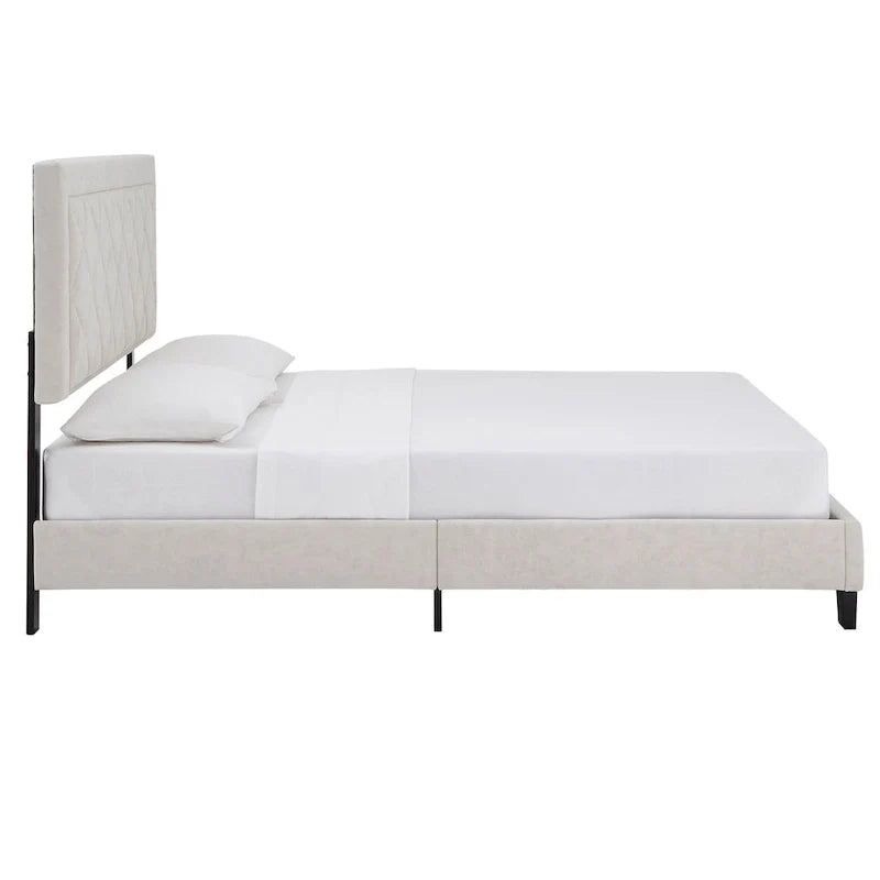Lit plateforme rembourré en velours, King Queen Full, velours gris crème bleu foncé