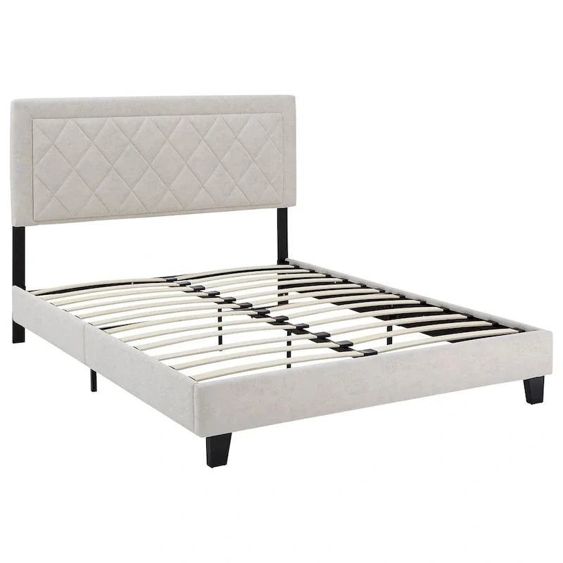 Lit plateforme rembourré en velours, King Queen Full, velours gris crème bleu foncé
