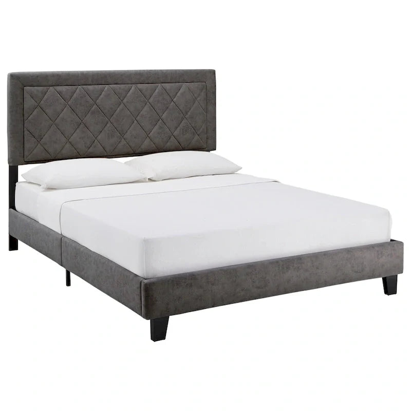 Lit plateforme rembourré en velours, King Queen Full, velours gris crème bleu foncé