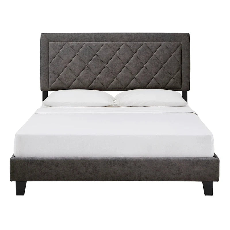 Lit plateforme rembourré en velours, King Queen Full, velours gris crème bleu foncé