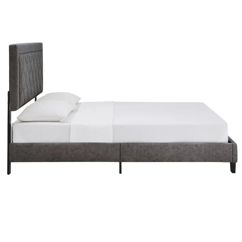 Lit plateforme rembourré en velours, King Queen Full, velours gris crème bleu foncé