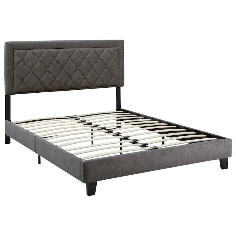 Lit plateforme rembourré en velours, King Queen Full, velours gris crème bleu foncé