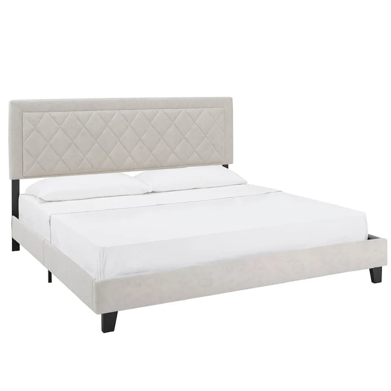 Lit plateforme rembourré en velours, King Queen Full, velours gris crème bleu foncé