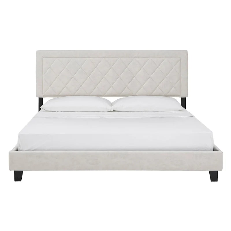 Lit plateforme rembourré en velours, King Queen Full, velours gris crème bleu foncé