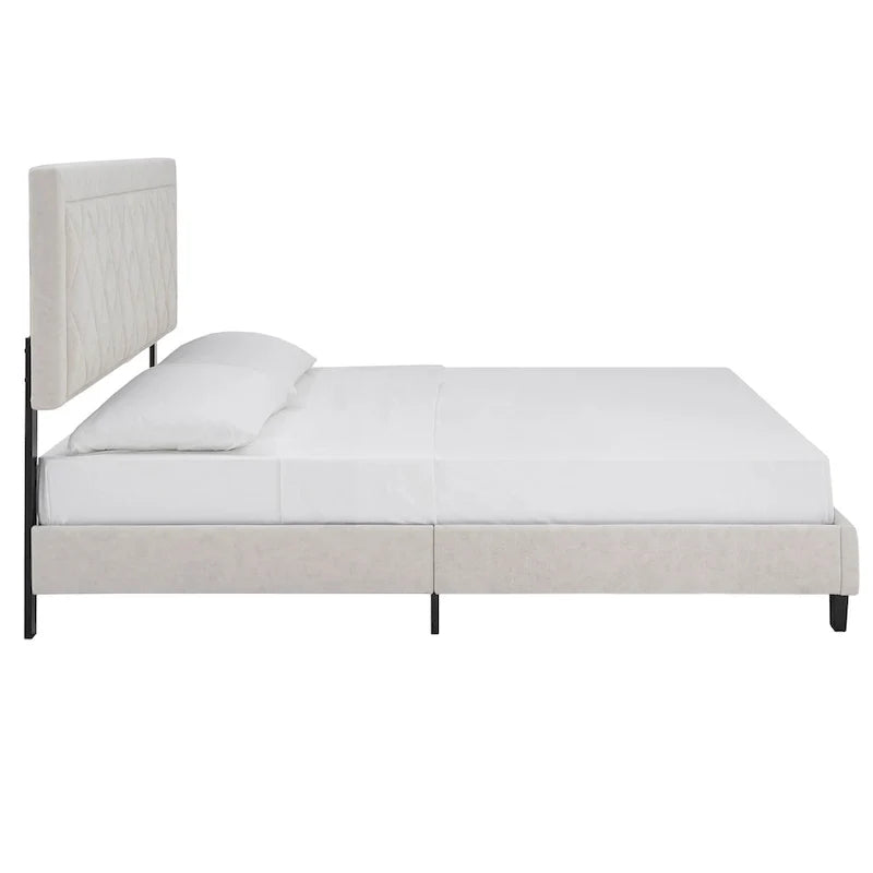 Lit plateforme rembourré en velours, King Queen Full, velours gris crème bleu foncé