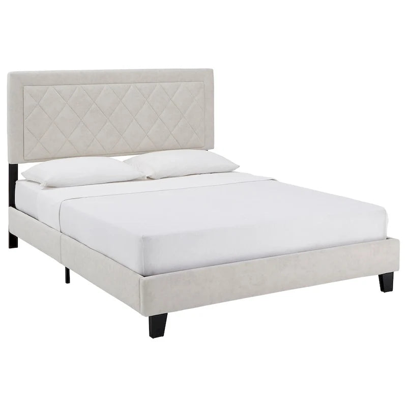 Lit plateforme rembourré en velours, King Queen Full, velours gris crème bleu foncé