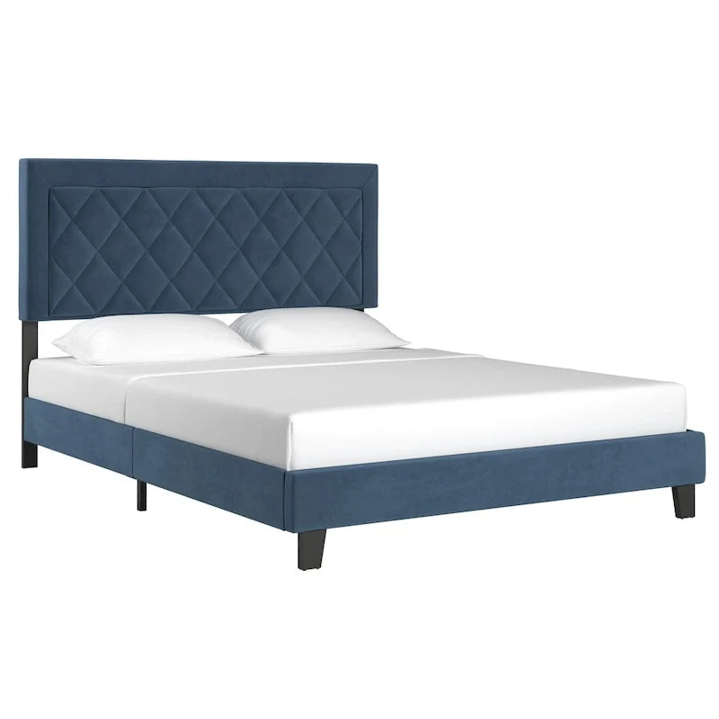 Lit plateforme rembourré en velours, King Queen Full, velours gris crème bleu foncé