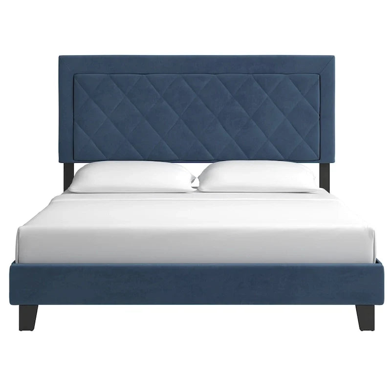 Lit plateforme rembourré en velours, King Queen Full, velours gris crème bleu foncé