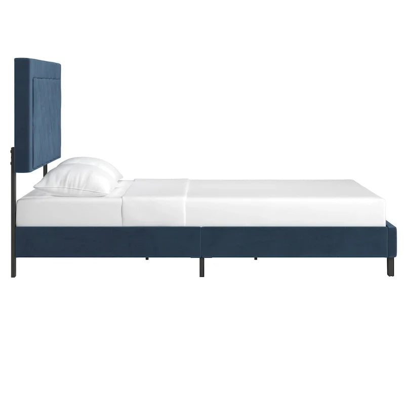 Lit plateforme rembourré en velours, King Queen Full, velours gris crème bleu foncé