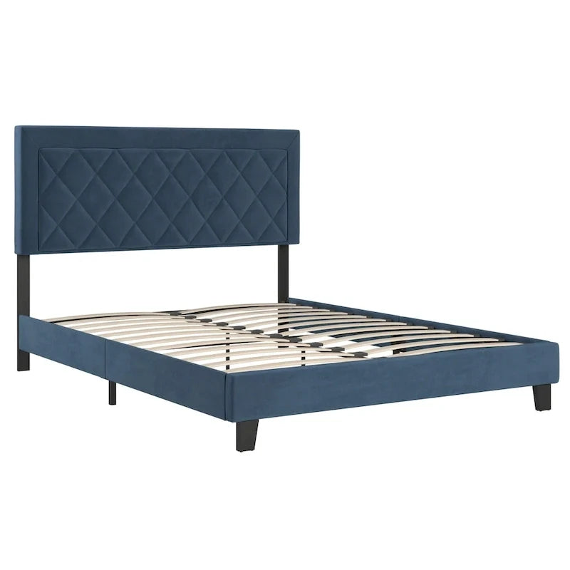 Lit plateforme rembourré en velours, King Queen Full, velours gris crème bleu foncé
