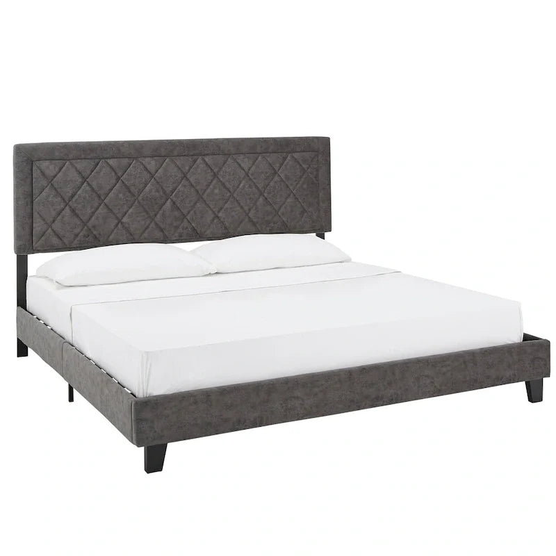 Lit plateforme rembourré en velours, King Queen Full, velours gris crème bleu foncé
