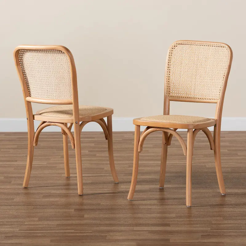 Ensemble de 2 chaises de salle à manger Neah en rotin tressé et bois, style Mid-Century Modern
