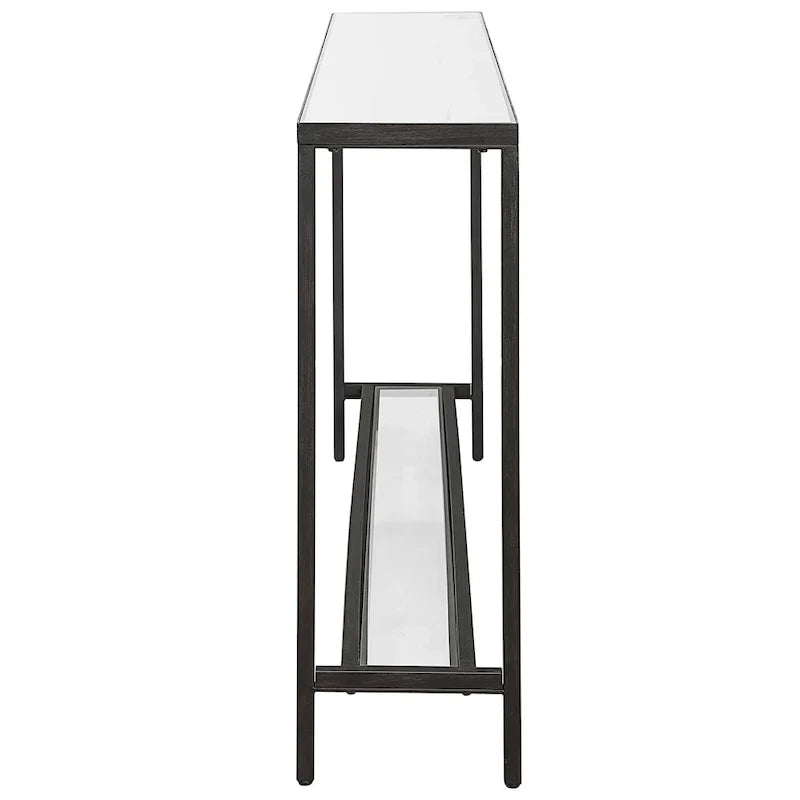 Console en métal noir mat avec plateau miroir, table d'appoint moderne pour entrée