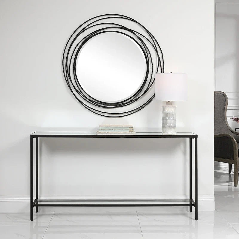 Console en métal noir mat avec plateau miroir, table d'appoint moderne pour entrée