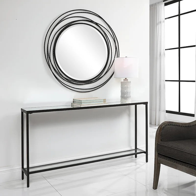 Console en métal noir mat avec plateau miroir, table d'appoint moderne pour entrée