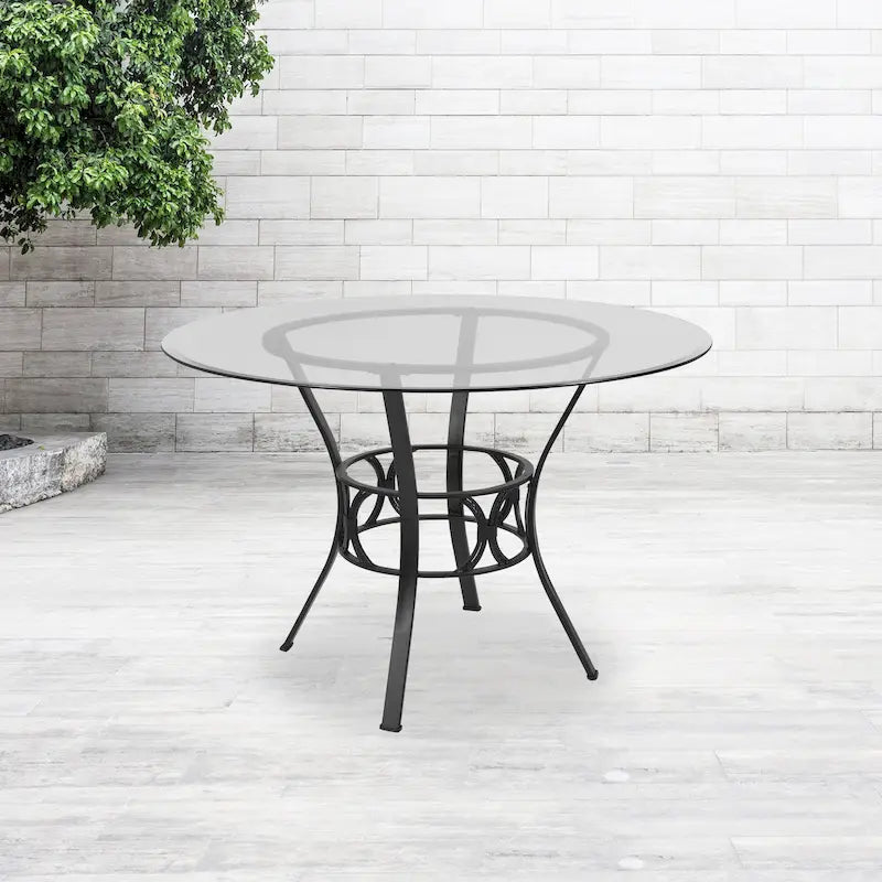 Table à manger ronde en verre de 45" avec piètement métallique de style croissant
