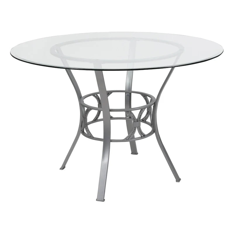 Table à manger ronde en verre de 45" avec piètement métallique de style croissant